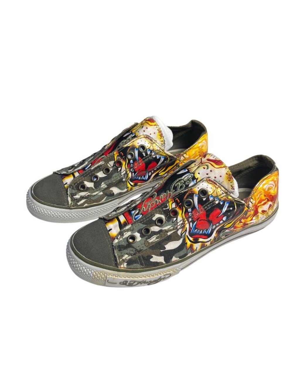 VTG Y2K Ed Hardy Tiger Tattoo Canvas Slip-On laceless Sneakers Mens 8 Womens 10